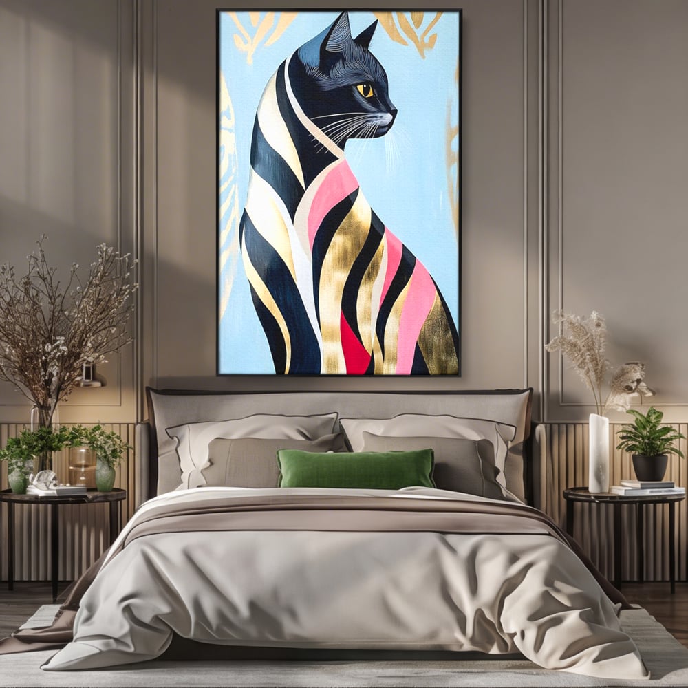 Tablou canvas cu tablou canvas cu pisica neagra stilizata, in rama de aluminiu negru, pe perete intr-un dormitor